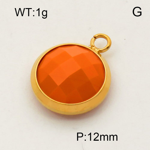 304 Stainless Steel Acrylic Pendants,Flat round,Faceted,Polished,Vacuum plating gold,Orange,12mm,about 1.0g/pc,5 pcs/package,3P4000645aaio-066