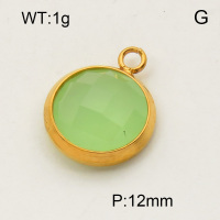 304 Stainless Steel Cat Eye Pendants,Flat round,Faceted,Polished,Vacuum plating gold,Green,12mm,about 1.0g/pc,5 pcs/package,3P4000647aaio-066