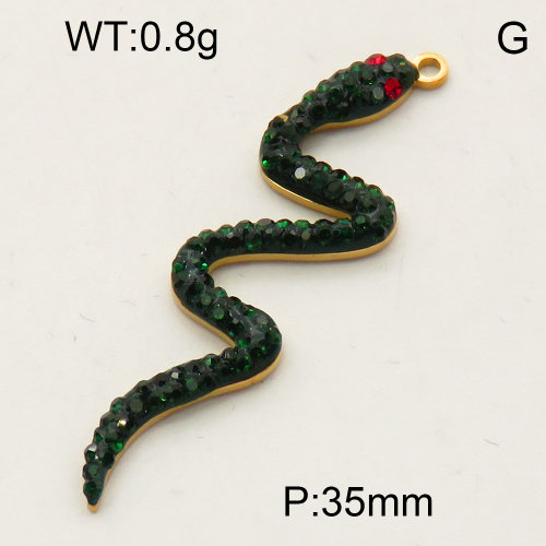 304 Stainless Steel Rhinestone Pendants,Python,Snake,Polished,Vacuum plating gold,Dark green and Red,35mm,about 0.8g/pc,5 pcs/package,3P4000653ablb-066