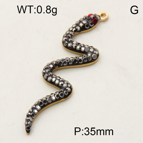 304 Stainless Steel Rhinestone Pendants,Python,Snake,Polished,Vacuum plating gold,Silver black and Red,35mm,about 0.8g/pc,5 pcs/package,3P4000657ablb-066