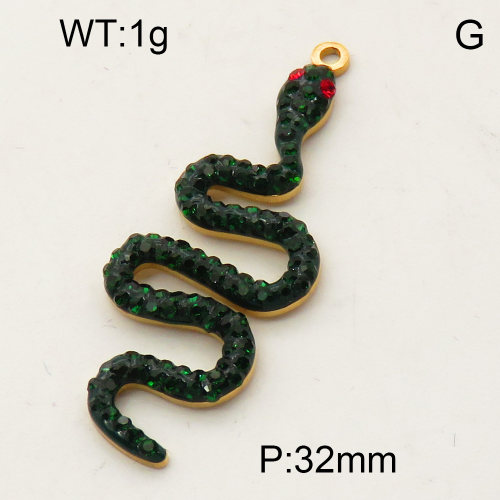 304 Stainless Steel Rhinestone Pendants,Python,Snake,Polished,Vacuum plating gold,Dark green and Red,32mm,about 1.0g/pc,5 pcs/package,3P4000661ablb-066