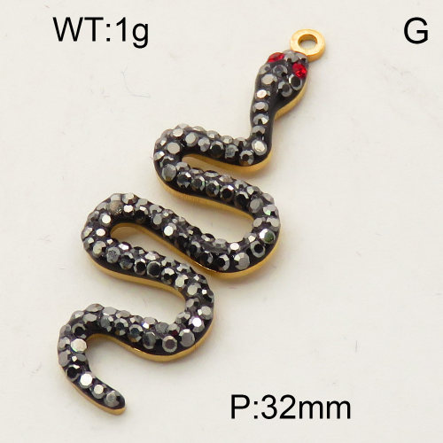 304 Stainless Steel Rhinestone Pendants,Python,Snake,Polished,Vacuum plating gold,Silver black and Red,32mm,about 1.0g/pc,5 pcs/package,3P4000665ablb-066