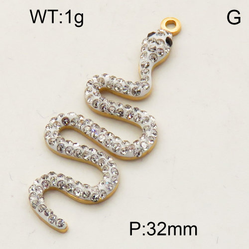 304 Stainless Steel Rhinestone Pendants,Python,Snake,Polished,Vacuum plating gold,White and Black,32mm,about 1.0g/pc,5 pcs/package,3P4000667ablb-066