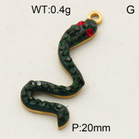 304 Stainless Steel Rhinestone Pendants,Python,Snake,Polished,Vacuum plating gold,Dark green and Red,20mm,about 0.4g/pc,5 pcs/package,3P4000677ablb-066