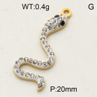 304 Stainless Steel Rhinestone Pendants,Python,Snake,Polished,Vacuum plating gold,White and Black,20mm,about 0.4g/pc,5 pcs/package,3P4000683ablb-066