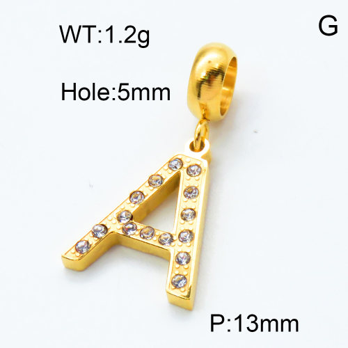 304 Stainless Steel European Dangle Beads,Rhinestone,Letter A,Polished,Vacuum plating gold,White,P:13mm,Hole:5mm,about 1.2g/pc,5 pcs/package,3P4000728aakj-066