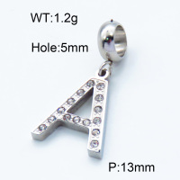 304 Stainless Steel European Dangle Beads,Rhinestone,Letter A,Polished,True color,White,P:13mm,Hole:5mm,about 1.2g/pc,5 pcs/package,3P4000729aajl-066