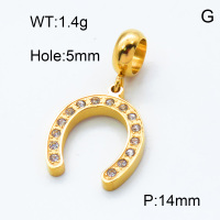 304 Stainless Steel European Dangle Beads,Rhinestone,Horseshoe,Polished,Vacuum plating gold,White,14mm,about 1.4g/pc,5 pcs/package,3P4000780aakj-066