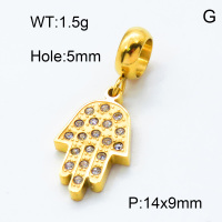 304 Stainless Steel European Dangle Beads,Rhinestone,Palm,Polished,Vacuum plating gold,White,P:14x9mm,Hole:5mm,about 1.5g/pc,5 pcs/package,3P4000782aakj-066