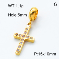 304 Stainless Steel European Dangle Beads,Rhinestone,Cross,Polished,Vacuum plating gold,White,P:15x10mm,Hole:5mm,about 1.1g/pc,5 pcs/package,3P4000786aakj-066