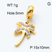 304 Stainless Steel European Dangle Beads,Rhinestone,Coconut tree,Polished,Vacuum plating gold,White,P:15x10mm,Hole:5mm,about 1.0g/pc,5 pcs/package,3P4000788aakj-066