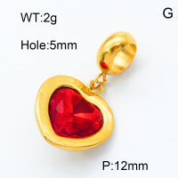 304 Stainless Steel European Dangle Beads,Rhinestone,Heart,Polished,Vacuum plating gold,Red,12mm,Hole:5mm,about 2.0g/pc,5 pcs/package,3P4000790aajo-066