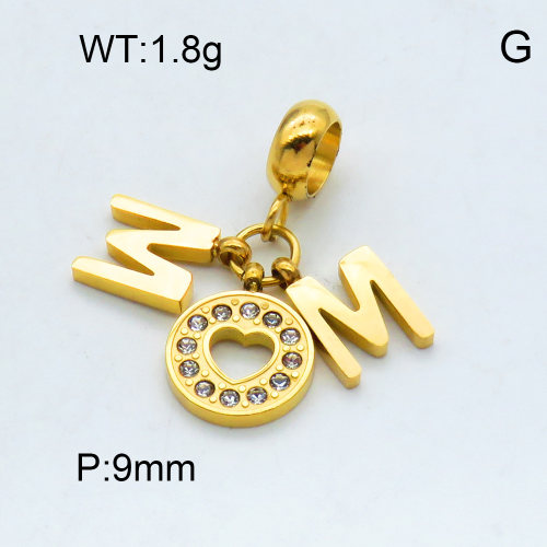 304 Stainless Steel European Dangle Beads,Rhinestone,Mom,Polished,Vacuum plating gold,White,P:9mm,Hole,5mm,about 1.8g/pc,5 pcs/package,3P4000804vbmb-066