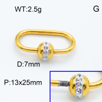 304 Stainless Steel Screw Clasps,Rhinestone,Oval,Ball beads nut,Polished,Vacuum plating gold,White,P:13x25mm,Screw Clasps:7mm,about 2.5g/pc,5 pcs/package,3P4000806vbll-066