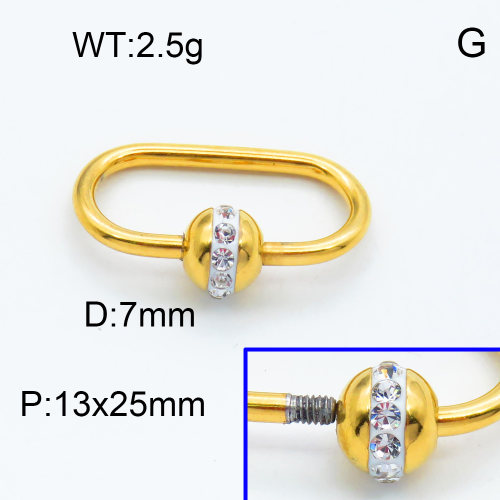 304 Stainless Steel Screw Clasps,Rhinestone,Oval,Ball beads nut,Polished,Vacuum plating gold,White,P:13x25mm,Screw Clasps:7mm,about 2.5g/pc,5 pcs/package,3P4000806vbll-066