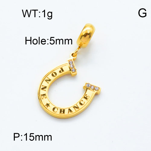 304 Stainless Steel European Dangle Beads,Rhinestone,Horseshoe,Ponne chance,Polished,Vacuum plating gold,White,P:15mm,Hole:5mm,about 1.0g/pc,5 pcs/package,3P4000808aakj-066