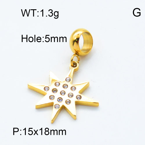 304 Stainless Steel European Dangle Beads,Rhinestone,Star of David,Polished,Vacuum plating gold,White,P:15x18mm,Hole:5mm,about 1.3g/pc,5 pcs/package,3P4000810aakj-066