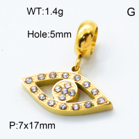 304 Stainless Steel European Dangle Beads,Rhinestone,Devil's Eye,Polished,Vacuum plating gold,White,P:7x17mm,Hole:5mm,about 1.4g/pc,5 pcs/package,3P4000814aakj-066
