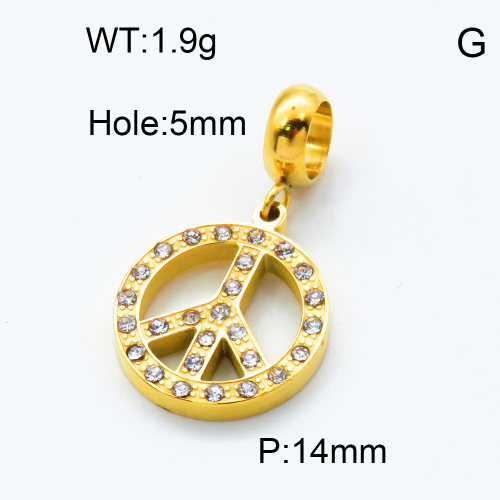 304 Stainless Steel European Dangle Beads,Rhinestone,Anti-nuclear war flag,Polished,Vacuum plating gold,White,P:14mm,Hole:5mm,about 1.9g/pc,5 pcs/package,3P4000818aakj-066