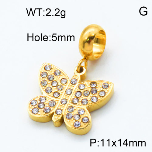304 Stainless Steel European Dangle Beads,Rhinestone,Butterfly,Polished,Vacuum plating gold,White,P:11x14mm,Hole:5mm,about 2.2g/pc,5 pcs/package,3P4000820aakj-066