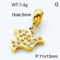 304 Stainless Steel European Dangle Beads,Rhinestone,Flying pigeon,Polished,Vacuum plating gold,White,P:11x13mm,Hole:5mm,about 1.4g/pc,5 pcs/package,3P4000822aakj-066