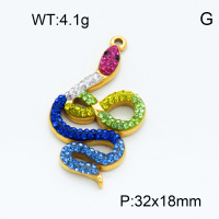 304 Stainless Steel Rhinestone Pendants,Python,Snake,Polished,Vacuum plating gold,Color,P:32x18mm,about 4.1g/pc,5 pcs/package,3P4000824vbnb-066