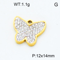 304 Stainless Steel Rhinestone Pendants,Butterfly,Polished,Vacuum plating gold,White,P:12x14mm,about 1.1g/pc,5 pcs/package,3P4000838aaki-066