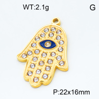304 Stainless Steel Rhinestone Pendants,Epoxy,Palm,Devil's Eye,Polished,Vacuum plating gold,White and Blue,P:22x16mm,about 2.1g/pc,5 pcs/package,3P4000842baka-066