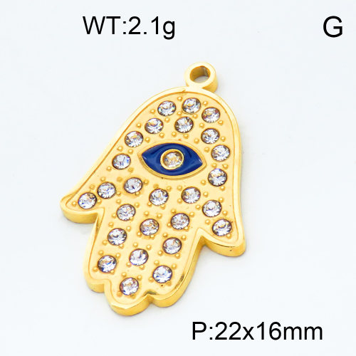 304 Stainless Steel Rhinestone Pendants,Epoxy,Palm,Devil's Eye,Polished,Vacuum plating gold,White and Blue,P:22x16mm,about 2.1g/pc,5 pcs/package,3P4000842baka-066
