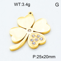 304 Stainless Steel Rhinestone Pendants,Clover,Polished,Vacuum plating gold,White,P:25x20mm,about 3.4g/pc,5 pcs/package,3P4000844aajo-066