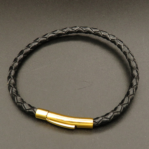 Stainless Steel Bayonet Clasps,Leather Cord,Bangle Making,Vacuum plating gold,Black,,5x200mm,about 4.5g/pc,5 pcs/package,XFB00315vbpb-L003