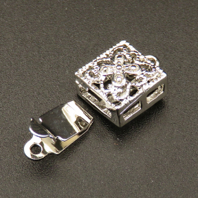 Brass Box Clasps,Single hole,Hollow Clover,Square,Plating white K Gold,9x14mm,Hole:1mm,about 1.0g/pc,50 pcs/package,XFCL00144vabob-L003