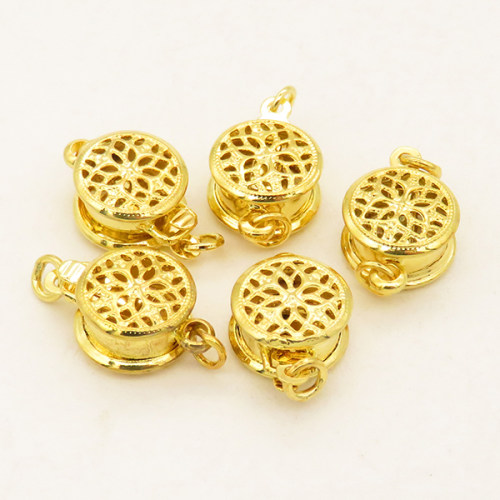 Brass Box Clasps,Flated round,Single hole,Hollow,Plating gold,9*14mm,Hole:2mm,about 0.6g/pc,50 pcs/package,XFCL00293vabob-L003