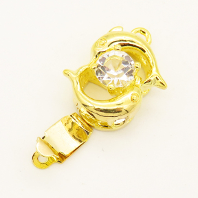 Brass Box Clasps,Rhinestone,Dolphin,Single hole,Plating Gold,13*15mm,Hole:2mm,about 3g/pc,50 pcs/package,XFCL00347aaha-L003