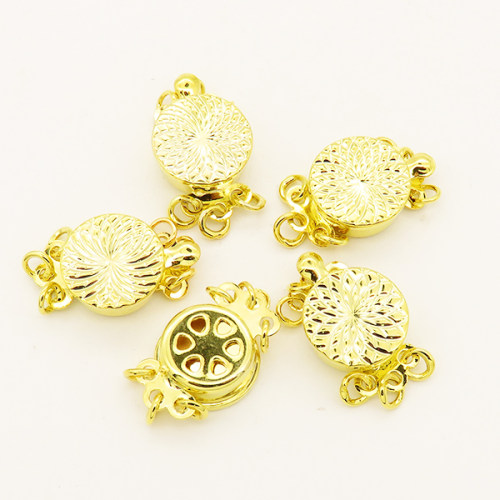 Brass Box Clasps,Flated round,Corrugated,Three holes,Plating Gold,11mm,Hole:2mm,about 2g/pc,50 pcs/package,XFCL00355aaha-L003