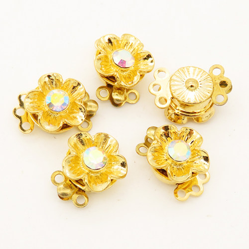 Brass Box Clasps,Rhinestone,Flower,Three holes,Hollow,Plating Gold,10mm,Hole:1mm,about 1.5g/pc,50 pcs/package,XFCL00363aaha-L003