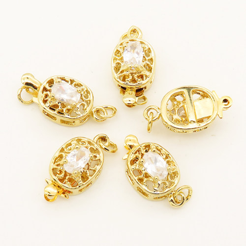 Brass Box Clasps,Rhinestone,Flated Oval,Single hole,Hollow,Plating Gold,9*11mm,Hole:2mm,about 1.5g/pc,50 pcs/package,XFCL00365aaha-L003