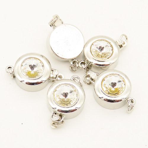 Brass Box Clasps,Rhinestone,Flated round,Single hole,Plating White K Gold,12mm,Hole:2mm,about 4g/pc,50 pcs/package,XFCL00381aahl-L003