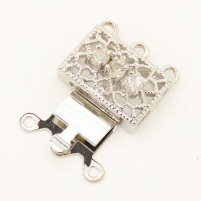 Brass Box Clasps,Cubic Zirconia,Square,Three holes,Hollow,Plating White K Gold,11*16mm,Hole:1.5mm,about 2.5g/pc,50 pcs/package,XFCL00385aahl-L003