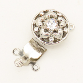Brass Box Clasps,Rhinestone,Flower,Three holes,Hollow,Plating White K Gold,14mm,Hole:1mm,about 2.5g/pc,50 pcs/package,XFCL00389aahl-L003