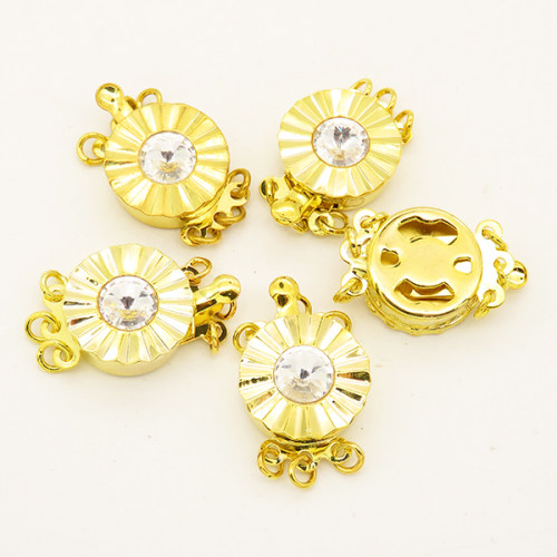 Brass Box Clasps,Rhinestone,Flated round,Corrugated,Three holes,Plating Gold,14mm,Hole:2mm,about 2.5g/pc,50 pcs/package,XFCL00427aahj-L003