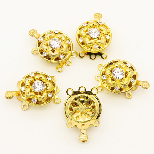 Brass Box Clasps,Rhinestone,Flower,Three holes,Hollow,Plating Gold,14mm,Hole:1.2mm,about 3g/pc,50 pcs/package,XFCL00485aahl-L003