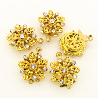 Brass Box Clasps,Rhinestone,Flower,Single hole,Hollow,Plating Gold,16mm,Hole:1.5mm,about 3g/pc,50 pcs/package,XFCL00487aahl-L003