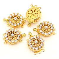 Brass Box Clasps,Rhinestone,Flated round,Three holes,Hollow,Plating Gold,16mm,Hole:1mm,about 4g/pc,50 pcs/package,XFCL00505vaia-L003