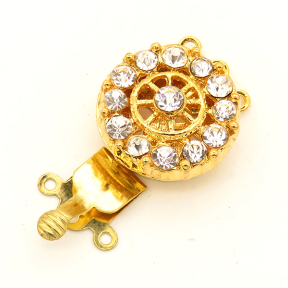 Brass Box Clasps,Rhinestone,Flated round,Three holes,Hollow,Plating Gold,16mm,Hole:1mm,about 4g/pc,50 pcs/package,XFCL00505vaia-L003
