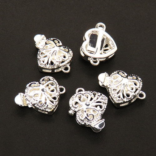 Brass Box Clasps,Heart,Single hole,Hollow,Plating silver,10*11mm,Hole:1mm,about 1.5g/pc,50 pcs/package,XFCL00565aaha-L003
