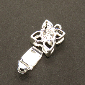 Brass Box Clasps,Rhinestone,Clover,Single hole,Hollow,Plating silver,8*9mm,Hole:1.5mm,about 1.5g/pc,50 pcs/package,XFCL00569aaha-L003
