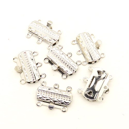 Brass Box Clasps,Square,Three holes,Plating White K Gold,8*19mm,Hole:1mm,about 1.5g/pc,50 pcs/package,XFCL00594vabob-L003