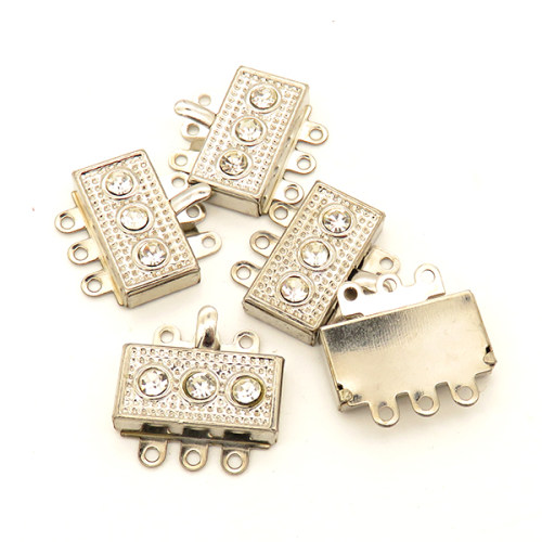 Brass Box Clasps,Rhinestone,Square,Three holes,Plating White K Gold,8*19mm,Hole:1mm,about 1.5g/pc,50 pcs/package,XFCL00596vabob-L003