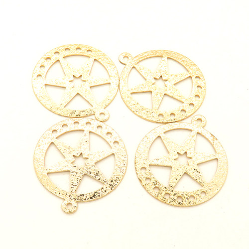 Brass Pendant & Charms,Round,Hexagonal star,Frosted,Vacuum plating 18k real gold,Environmental protection,25mm,Hole:1mm,about 1g/pc,50 pcs/package,XFPC00505aaha-L003